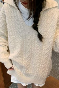 Cozy Solid V-Neck Cable Knit Sweater for Y2K Fashion Enthusiasts