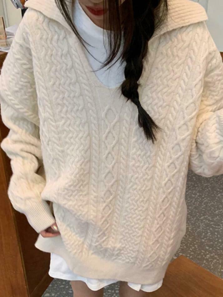 Cozy Solid V-Neck Cable Knit Sweater for Y2K Fashion Enthusiasts Cozy Solid V-Neck Cable Knit Sweater for Y2K Fashion Enthusiasts