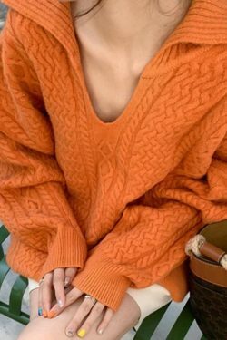 Cozy Solid V-Neck Cable Knit Sweater for Y2K Fashion Enthusiasts