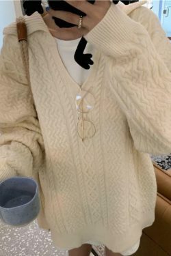 Cozy Solid V-Neck Cable Knit Sweater for Y2K Fashion Enthusiasts