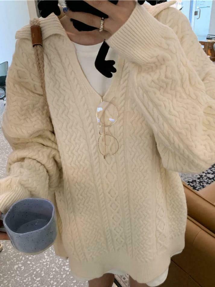 Cozy Solid V-Neck Cable Knit Sweater for Y2K Fashion Enthusiasts Cozy Solid V-Neck Cable Knit Sweater for Y2K Fashion Enthusiasts