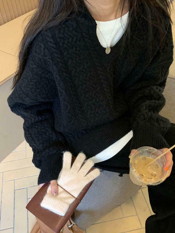 Cozy Solid V-Neck Cable Knit Sweater for Y2K Fashion Enthusiasts Cozy Solid V-Neck Cable Knit Sweater for Y2K Fashion Enthusiasts