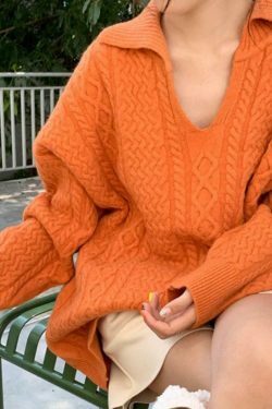 Cozy Solid V-Neck Cable Knit Sweater for Y2K Fashion Enthusiasts