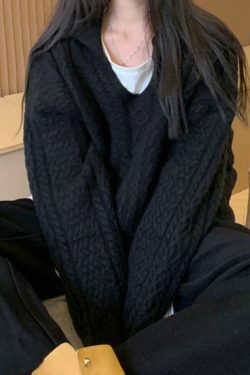 Cozy Solid V-Neck Cable Knit Sweater for Y2K Fashion Enthusiasts