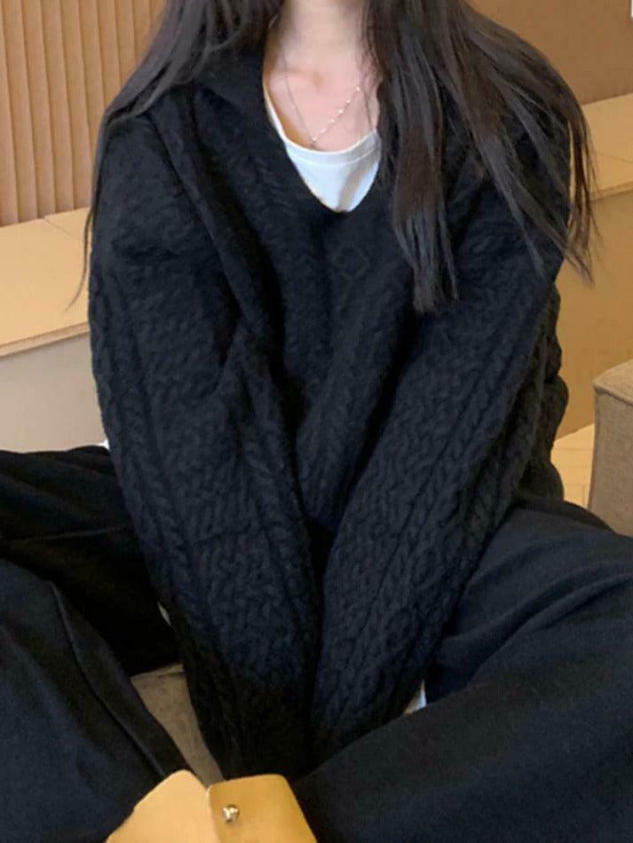 Cozy Solid V-Neck Cable Knit Sweater for Y2K Fashion Enthusiasts Cozy Solid V-Neck Cable Knit Sweater for Y2K Fashion Enthusiasts