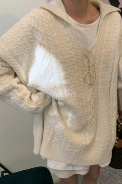 Cozy Solid V-Neck Cable Knit Sweater for Y2K Fashion Enthusiasts