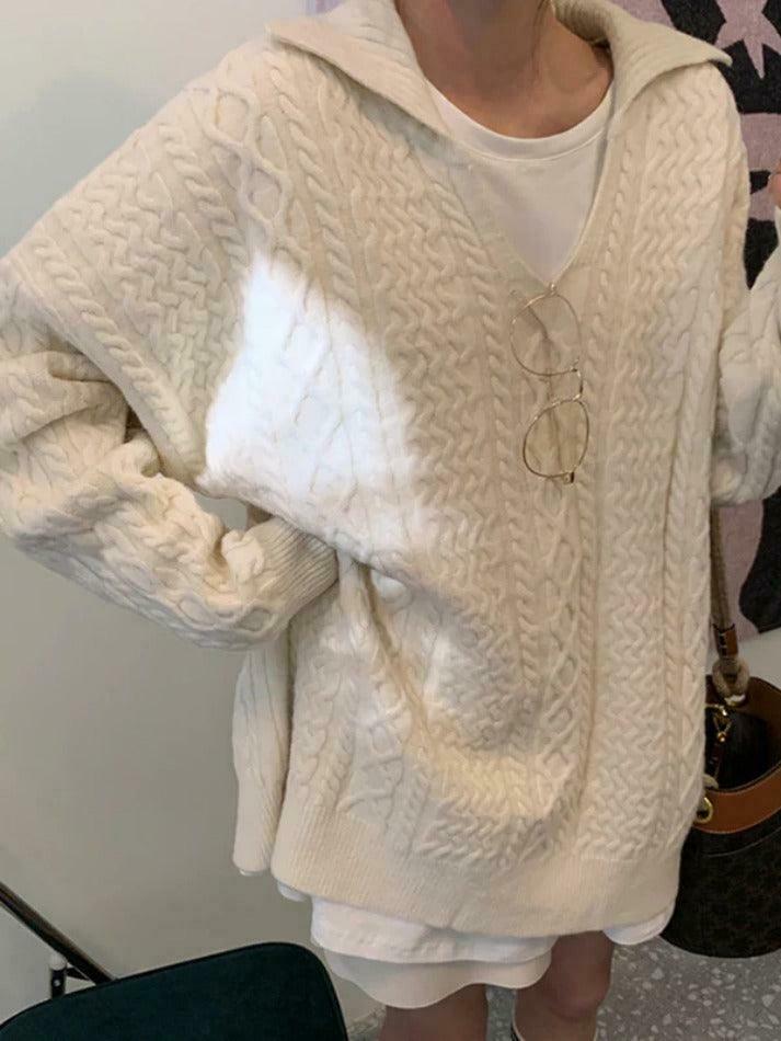 Cozy Solid V-Neck Cable Knit Sweater for Y2K Fashion Enthusiasts Cozy Solid V-Neck Cable Knit Sweater for Y2K Fashion Enthusiasts
