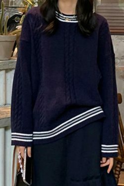 Cozy Striped Trim Cable Knit Pullover Sweater for Y2K Fashion Enthusiasts