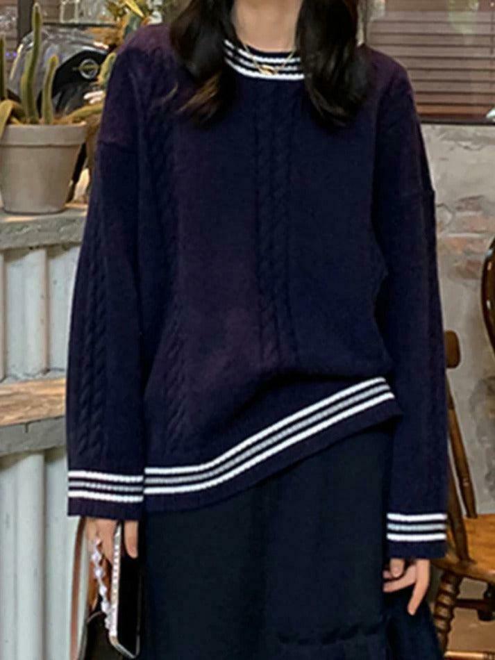 Cozy Striped Trim Cable Knit Pullover Sweater for Y2K Fashion Enthusiasts Cozy Striped Trim Cable Knit Pullover Sweater for Y2K Fashion Enthusiasts