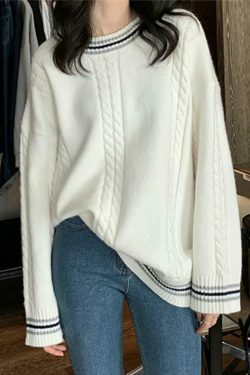 Cozy Striped Trim Cable Knit Pullover Sweater for Y2K Fashion Enthusiasts