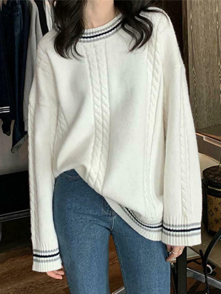 Cozy Striped Trim Cable Knit Pullover Sweater for Y2K Fashion Enthusiasts Cozy Striped Trim Cable Knit Pullover Sweater for Y2K Fashion Enthusiasts