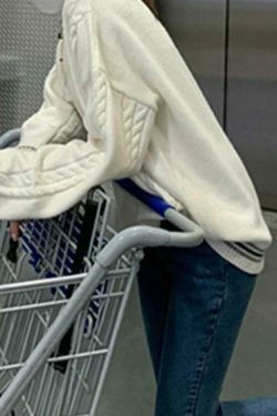 Cozy Striped Trim Cable Knit Pullover Sweater for Y2K Fashion Enthusiasts