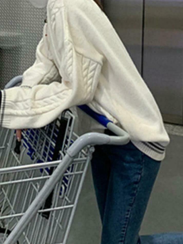Cozy Striped Trim Cable Knit Pullover Sweater for Y2K Fashion Enthusiasts Cozy Striped Trim Cable Knit Pullover Sweater for Y2K Fashion Enthusiasts