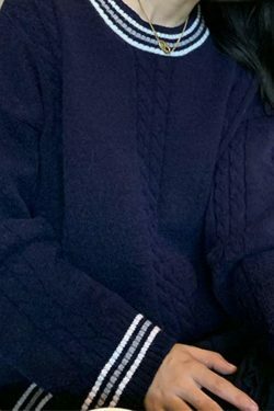 Cozy Striped Trim Cable Knit Pullover Sweater for Y2K Fashion Enthusiasts