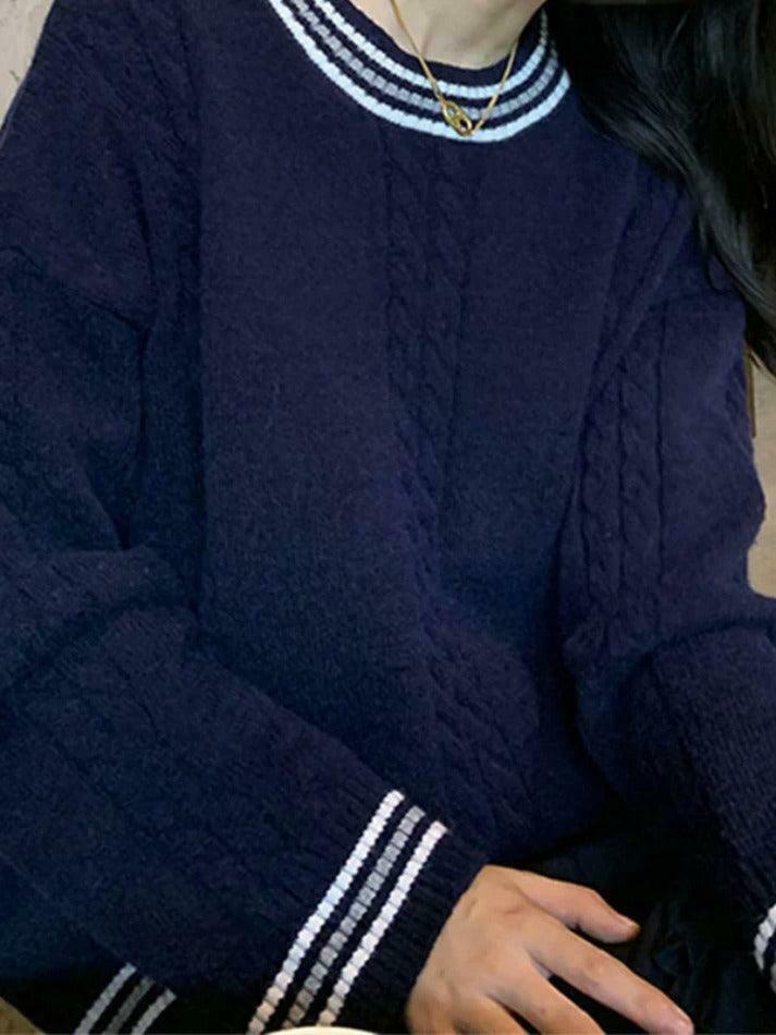 Cozy Striped Trim Cable Knit Pullover Sweater for Y2K Fashion Enthusiasts Cozy Striped Trim Cable Knit Pullover Sweater for Y2K Fashion Enthusiasts