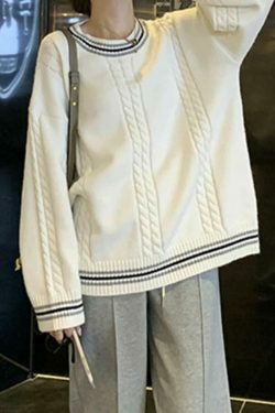 Cozy Striped Trim Cable Knit Pullover Sweater for Y2K Fashion Enthusiasts