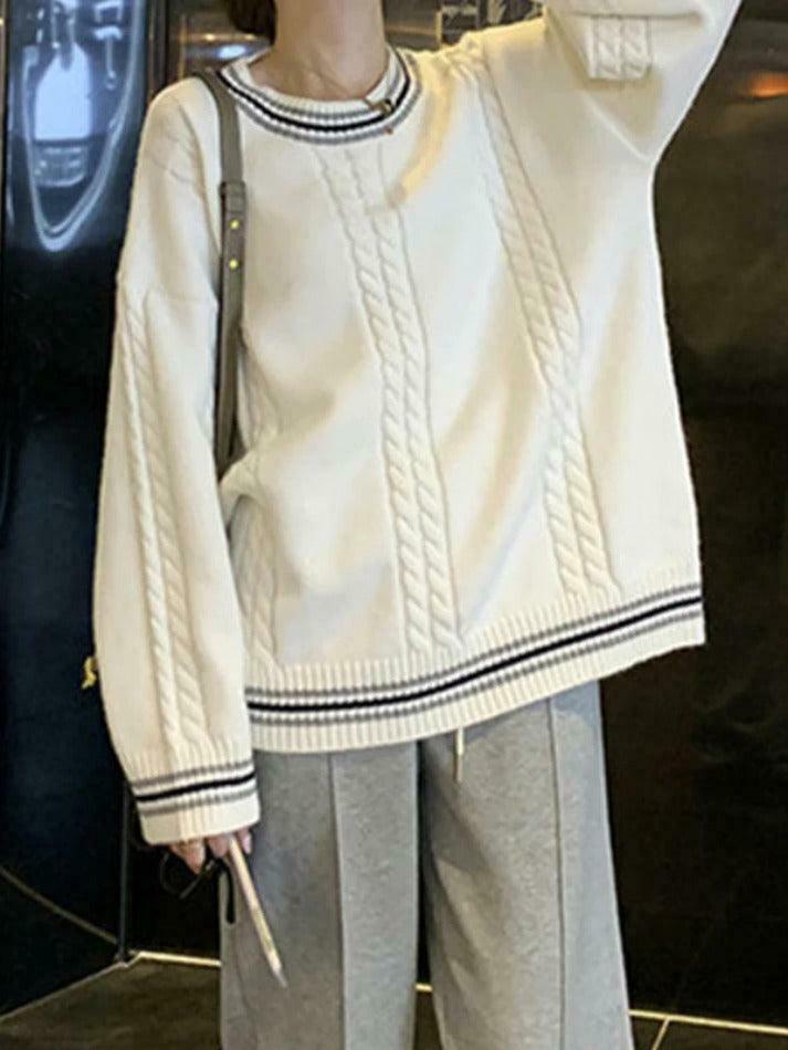 Cozy Striped Trim Cable Knit Pullover Sweater for Y2K Fashion Enthusiasts Cozy Striped Trim Cable Knit Pullover Sweater for Y2K Fashion Enthusiasts