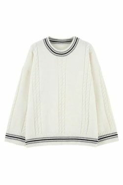 Cozy Striped Trim Cable Knit Pullover Sweater for Y2K Fashion Enthusiasts