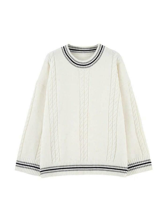 Cozy Striped Trim Cable Knit Pullover Sweater for Y2K Fashion Enthusiasts Cozy Striped Trim Cable Knit Pullover Sweater for Y2K Fashion Enthusiasts