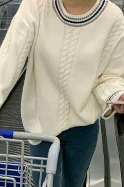 Cozy Striped Trim Cable Knit Pullover Sweater for Y2K Fashion Enthusiasts