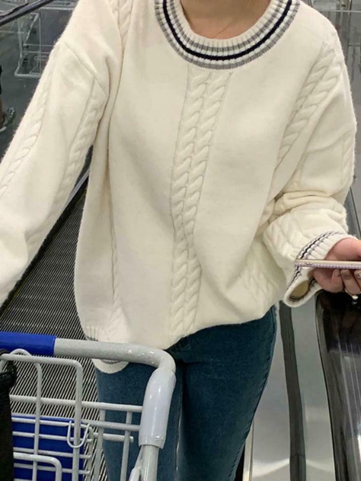 Cozy Striped Trim Cable Knit Pullover Sweater for Y2K Fashion Enthusiasts Cozy Striped Trim Cable Knit Pullover Sweater for Y2K Fashion Enthusiasts