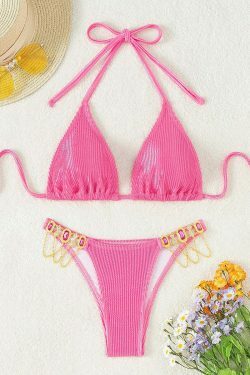Crystal Lace-Up Bikini in Solid Color - Y2K Fashion Swimwear