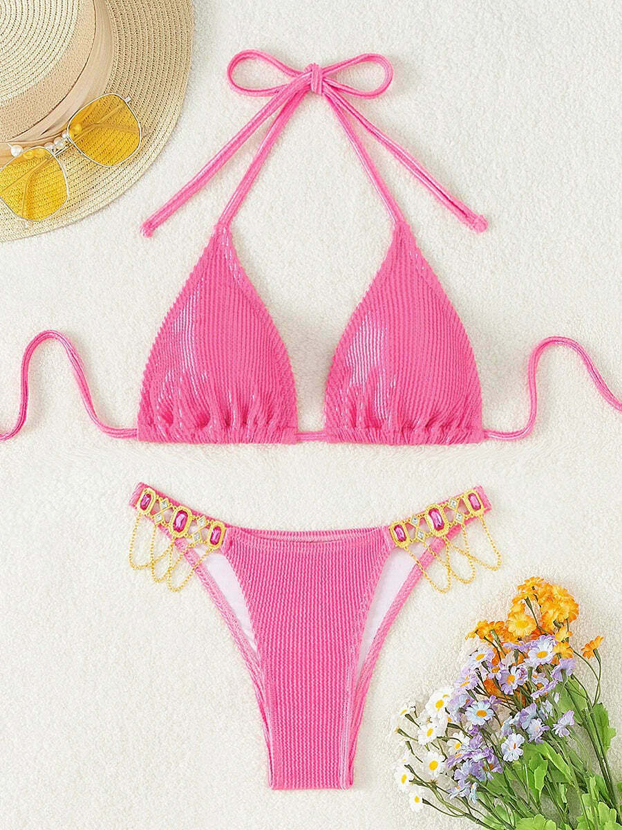 Crystal Lace-Up Bikini in Solid Color - Y2K Fashion Swimwear Crystal Lace-Up Bikini in Solid Color - Y2K Fashion Swimwear