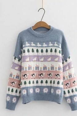 Cute Animals & Trees Embroidery Sweater - Y2K Fashion Coquette Aesthetic Grunge Style