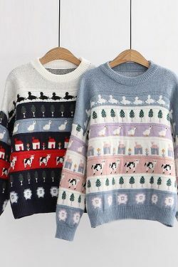 Cute Animals & Trees Embroidery Sweater - Y2K Fashion Coquette Aesthetic Grunge Style
