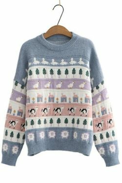 Cute Animals & Trees Embroidery Sweater - Y2K Fashion Coquette Aesthetic Grunge Style