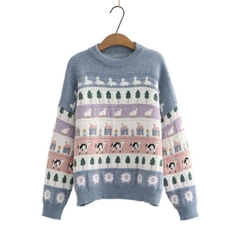 Cute Animals & Trees Embroidery Sweater - Y2K Fashion Coquette Aesthetic Grunge Style Cute Animals & Trees Embroidery Sweater - Y2K Fashion Coquette Aesthetic Grunge Style