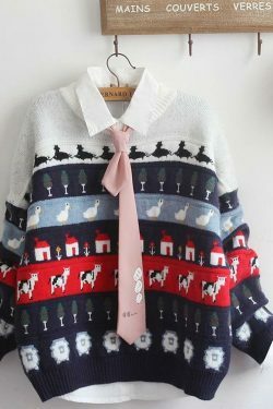 Cute Animals & Trees Embroidery Sweater - Y2K Fashion Coquette Aesthetic Grunge Style