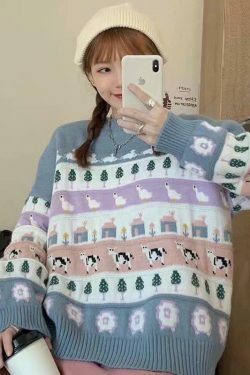 Cute Animals & Trees Embroidery Sweater - Y2K Fashion Coquette Aesthetic Grunge Style