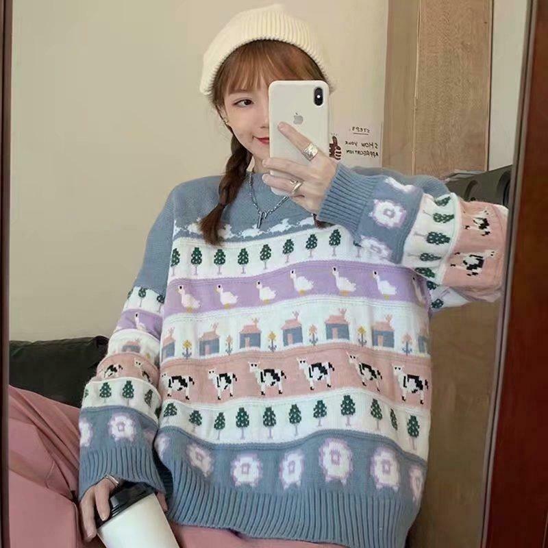 Cute Animals & Trees Embroidery Sweater - Y2K Fashion Coquette Aesthetic Grunge Style Cute Animals & Trees Embroidery Sweater - Y2K Fashion Coquette Aesthetic Grunge Style