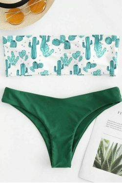 Cute Cactus Print Bandeau Bikini Set for Y2K Fashion Enthusiasts