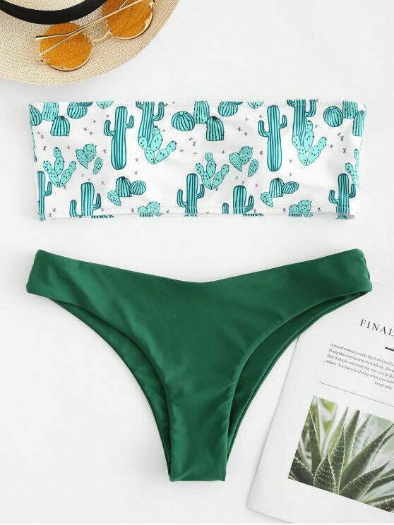 Cute Cactus Print Bandeau Bikini Set for Y2K Fashion Enthusiasts Cute Cactus Print Bandeau Bikini Set for Y2K Fashion Enthusiasts