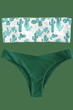 Cute Cactus Print Bandeau Bikini Set for Y2K Fashion Enthusiasts
