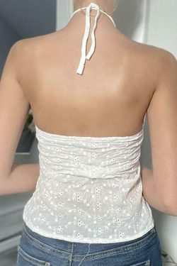 Cute Floral Embroidered Tie-Front Crop Camisole: Y2K Fashion Halter