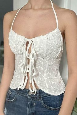 Cute Floral Embroidered Tie-Front Crop Camisole: Y2K Fashion Halter