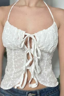 Cute Floral Embroidered Tie-Front Crop Camisole: Y2K Fashion Halter