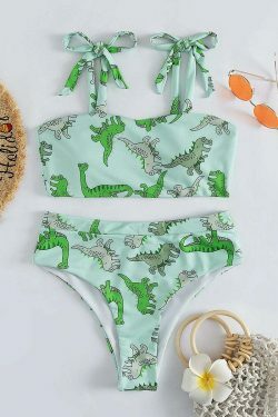 Dinosaur Print High Waist Bikini Set for Y2K Fashion Enthusiasts