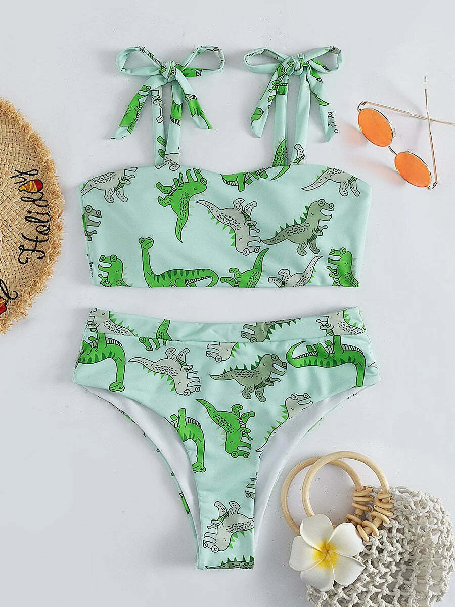 Dinosaur Print High Waist Bikini Set for Y2K Fashion Enthusiasts Dinosaur Print High Waist Bikini Set for Y2K Fashion Enthusiasts