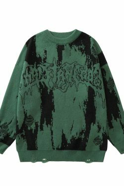 Distressed Gothic Knitted Sweater for Y2K Aesthetic Fashionistas: Coquette Style with a Grunge Twist
