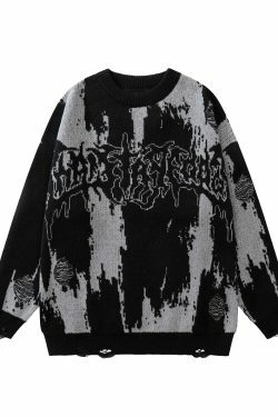 Distressed Gothic Knitted Sweater for Y2K Aesthetic Fashionistas: Coquette Style with a Grunge Twist