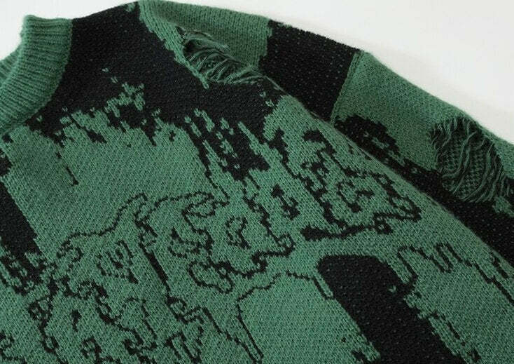 Distressed Gothic Knitted Sweater for Y2K Aesthetic Fashionistas: Coquette Style with a Grunge Twist
