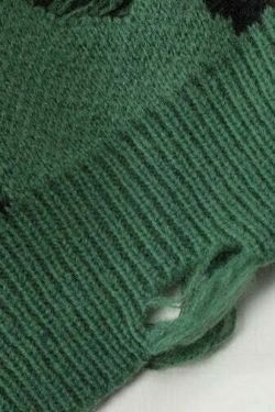 Distressed Gothic Knitted Sweater for Y2K Aesthetic Fashionistas: Coquette Style with a Grunge Twist