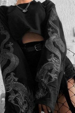 Dragon Cropped Long Sleeve: Y2K Fashion Aesthetic Top - Coquette Grunge Pastel Goth