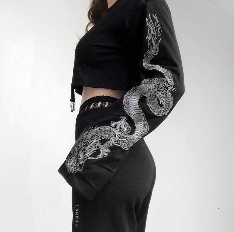 Dragon Cropped Long Sleeve: Y2K Fashion Aesthetic Top - Coquette Grunge Pastel Goth