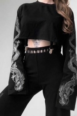 Dragon Cropped Long Sleeve: Y2K Fashion Aesthetic Top - Coquette Grunge Pastel Goth