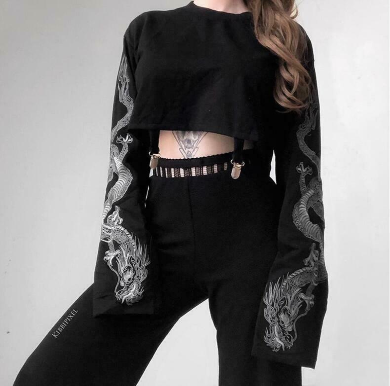 Dragon Cropped Long Sleeve: Y2K Fashion Aesthetic Top - Coquette Grunge Pastel Goth